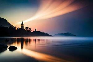 ein Kirche ist gesehen im das Entfernung beim Sonnenuntergang. KI-generiert foto