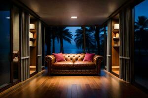 ein Leder Couch im ein Zimmer mit ein Aussicht von das Ozean. KI-generiert foto