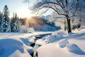 Schnee bedeckt Bäume und Strom im das Winter. KI-generiert foto