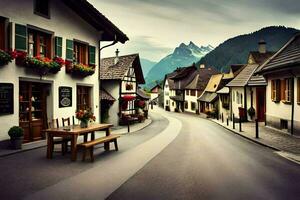 ein Straße im das Berge mit ein Bank und Tische. KI-generiert foto