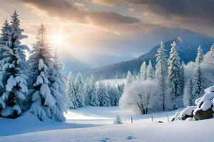 Schnee bedeckt Bäume und Berge im das Winter. KI-generiert foto