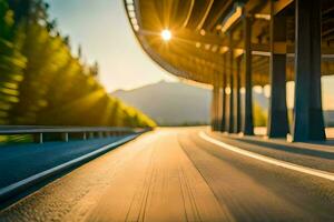 ein Autobahn mit das Sonne leuchtenden durch das Bäume. KI-generiert foto