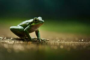 ein Frosch Sitzung auf das Boden mit ein Grün Hintergrund. KI-generiert foto