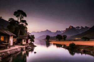 Foto Hintergrund das Himmel, Berge, Fluss, Haus, Berge, Fluss, Haus, das Himmel. KI-generiert