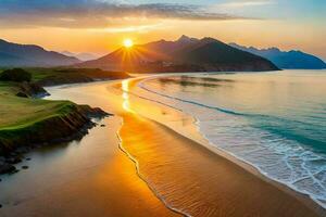 das Sonne setzt Über ein Strand und Berge. KI-generiert foto