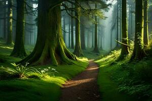 ein Pfad durch ein Grün Wald mit Bäume und Gras. KI-generiert foto