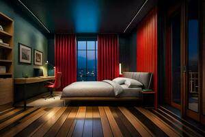 ein Schlafzimmer mit ein Bett, Schreibtisch und rot Vorhänge. KI-generiert foto
