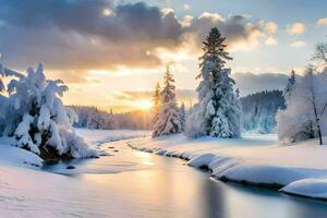 Winter Landschaft mit Schnee bedeckt Bäume und Fluss. KI-generiert foto