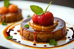 ein Dessert mit Erdbeeren und Karamell Soße. KI-generiert foto