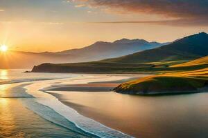 das Sonne setzt Über ein Strand und Berge. KI-generiert foto