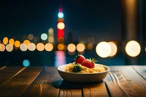 Pasta und Erdbeeren auf ein hölzern Tabelle im Vorderseite von das Stadt beim Nacht. KI-generiert foto