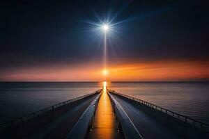 ein lange Seebrücke mit ein hell Sonne leuchtenden Über Es. KI-generiert foto