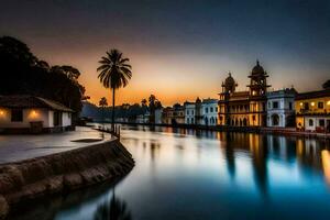 das Sonne setzt Über ein Fluss im Indien. KI-generiert foto