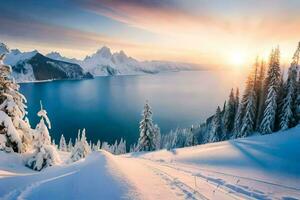 Schnee bedeckt Bäume und das Sonne Rahmen Über ein See. KI-generiert foto