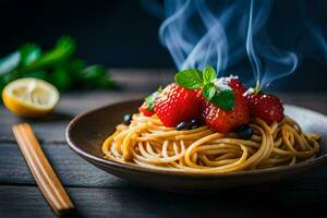 Spaghetti mit Erdbeeren und Blaubeeren auf ein hölzern Tisch. KI-generiert foto