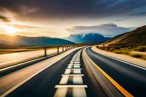 ein lang, leeren Autobahn mit Berge im das Hintergrund. KI-generiert foto