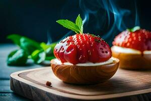 zwei Erdbeeren im hölzern Schalen mit Rauch Kommen aus von ihnen. KI-generiert foto