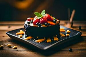 ein Schokolade Kuchen mit Beeren und Nüsse auf ein hölzern Tisch. KI-generiert foto