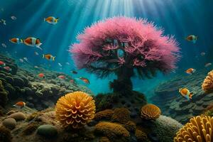 ein unter Wasser Szene mit Koralle und ein Orange Baum. KI-generiert foto