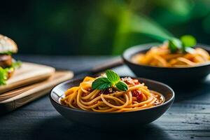 Spaghetti mit Fleischklößchen und ein Burger auf ein hölzern Tisch. KI-generiert foto