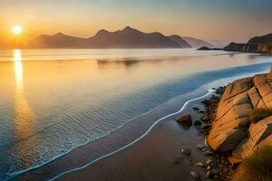 das Sonne setzt Über ein Strand und Berge. KI-generiert foto