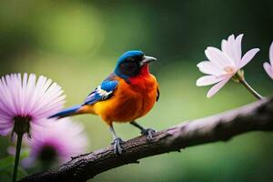 ein bunt Vogel sitzt auf ein Ast mit Rosa Blumen. KI-generiert foto