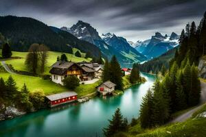 schön Landschaft von ein Haus und Fluss im das Berge. KI-generiert foto