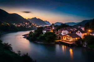 Foto Hintergrund das Himmel, Berge, Fluss, Haus, Sonnenuntergang, Haus, das Himmel, Berge. KI-generiert