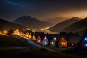 Foto Hintergrund das Himmel, Nacht, Berge, Häuser, Norwegen, das Dorf, das Dorf. KI-generiert