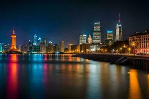 das Stadt Horizont beim Nacht mit Beleuchtung reflektieren aus das Wasser. KI-generiert foto