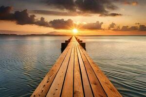 ein hölzern Seebrücke erstreckt sich aus in das Ozean beim Sonnenuntergang. KI-generiert foto