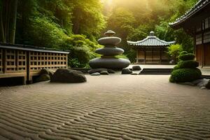 ein japanisch Garten mit Stein Wege und ein Pagode. KI-generiert foto