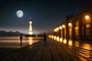 ein Mann Spaziergänge entlang ein Seebrücke beim Nacht mit ein voll Mond. KI-generiert foto