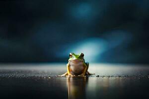 ein Frosch Sitzung auf das Boden im Vorderseite von ein dunkel Hintergrund. KI-generiert foto