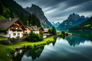 ein Haus sitzt auf das Ufer von ein See im das Berge. KI-generiert foto