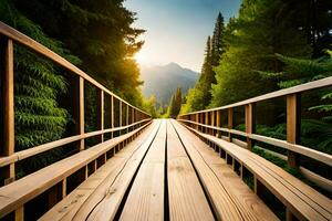 hölzern Brücke im das Wald. KI-generiert foto