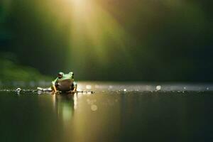 ein Frosch Sitzung auf das Wasser mit Sonnenlicht leuchtenden durch. KI-generiert foto