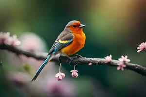 ein bunt Vogel sitzt auf ein Ast mit Rosa Blumen. KI-generiert foto