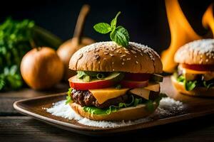 zwei Hamburger mit Käse und Gemüse auf ein hölzern Tablett. KI-generiert foto