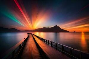 ein lange Seebrücke mit ein hell Licht Pfad. KI-generiert foto