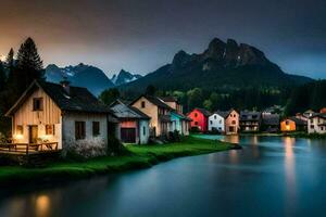 Foto Hintergrund das Himmel, Berge, Fluss, Häuser, das dunkel, das Berge, das See. KI-generiert