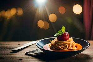 Spaghetti mit Tomate Soße und ein Erdbeere auf ein hölzern Tisch. KI-generiert foto