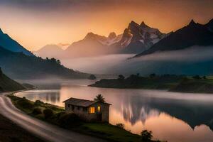 ein Haus sitzt auf das Seite von ein See beim Sonnenuntergang. KI-generiert foto