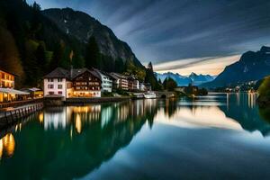 ein schön See und Stadt, Dorf beim Dämmerung. KI-generiert foto