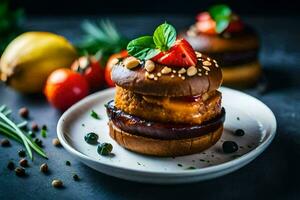 ein Hamburger mit Tomate, Basilikum und Käse auf ein Platte. KI-generiert foto