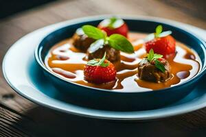 ein Schüssel von Suppe mit Erdbeeren und Fleischklößchen. KI-generiert foto