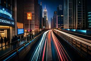 ein lange Exposition fotografieren von Autos Fahren auf ein Autobahn. KI-generiert foto