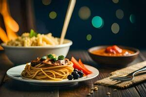 Spaghetti und Fleischklößchen auf ein Platte. KI-generiert foto