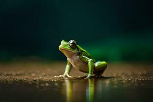 ein Frosch Sitzung auf das Boden im das dunkel. KI-generiert foto