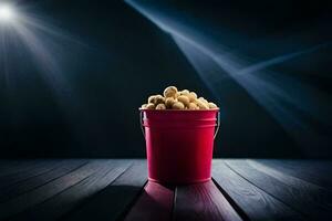 ein Eimer von Popcorn auf ein hölzern Tisch. KI-generiert foto